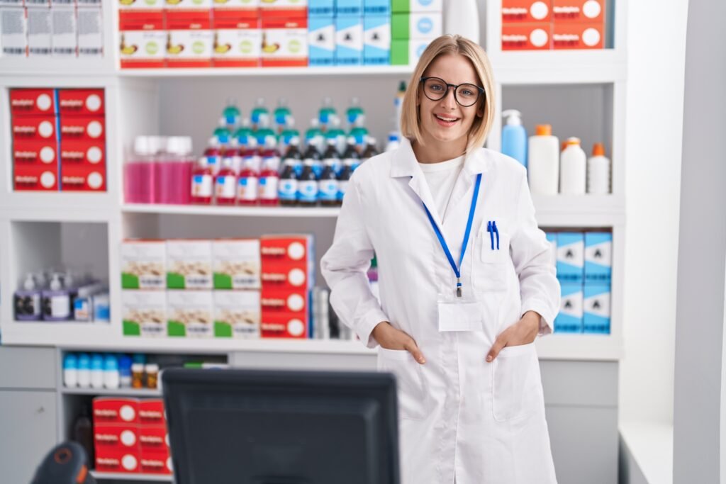 young blonde woman pharmacist smiling confident standing at pharmacy young blonde woman pharmacist smiling confident standing at pharmacy